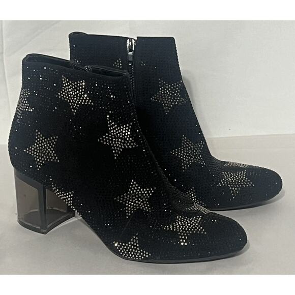 Sparkle Shoes - INC Floriann Ankle 8.5 Booties Black Sparkle Silver Star Chunky Clear Heel